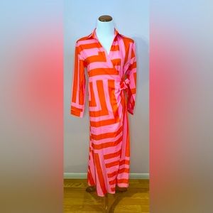 70’s inspired pink and orange faux wrap dress